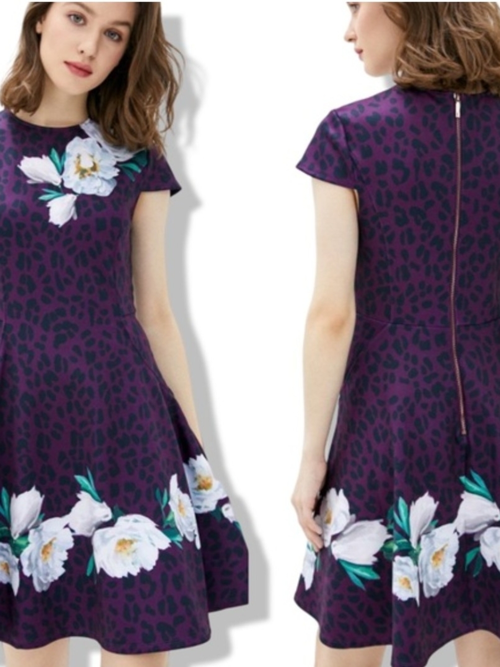 🌼B2G1🌼 Ted Baker London Purple Floral Leopard-Print Fit & Flare Dress